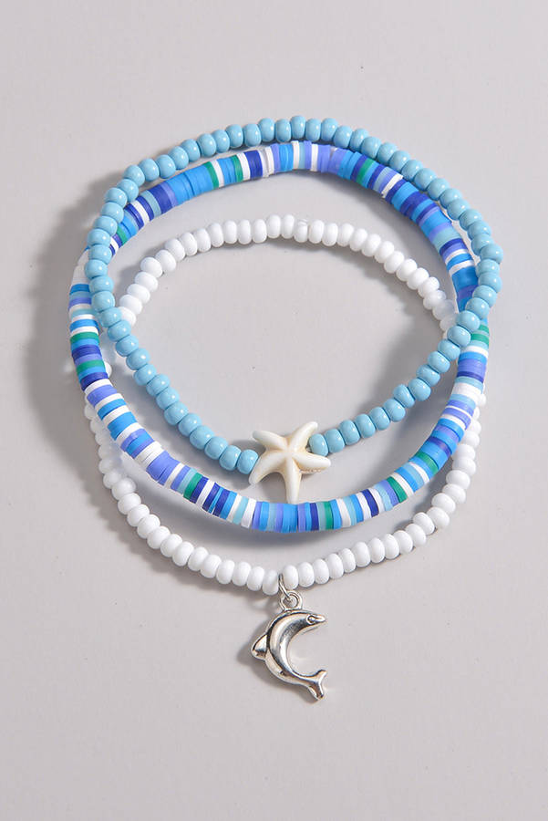 Light Blue Dolphin Starfish Decor Beaded Three Layer Anklet