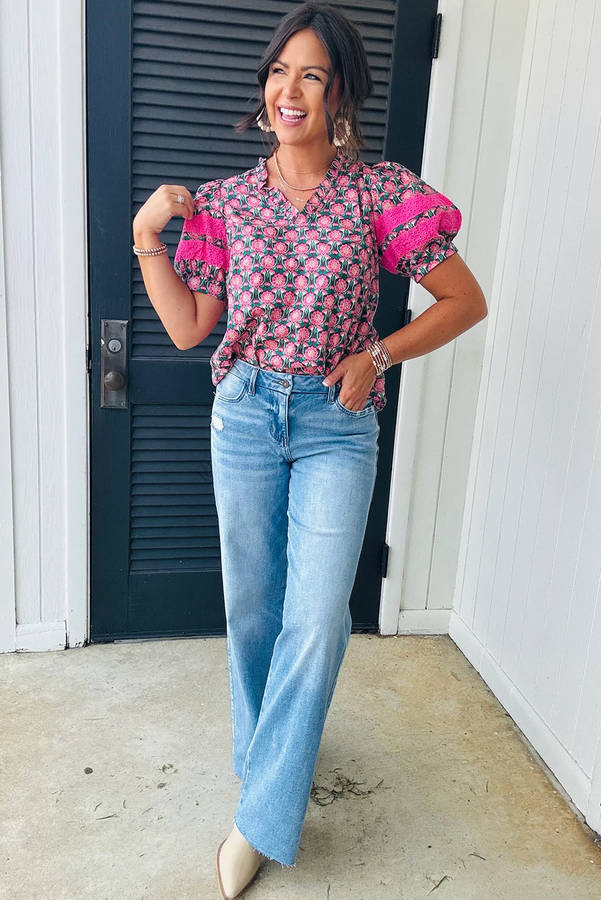 Sachet Pink V-Neck Ruffle Abstract Floral Print Puff Sleeve Top