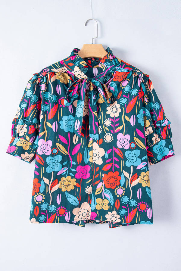 Green Floral Print Puff Sleeve Tied V Neck Blouse