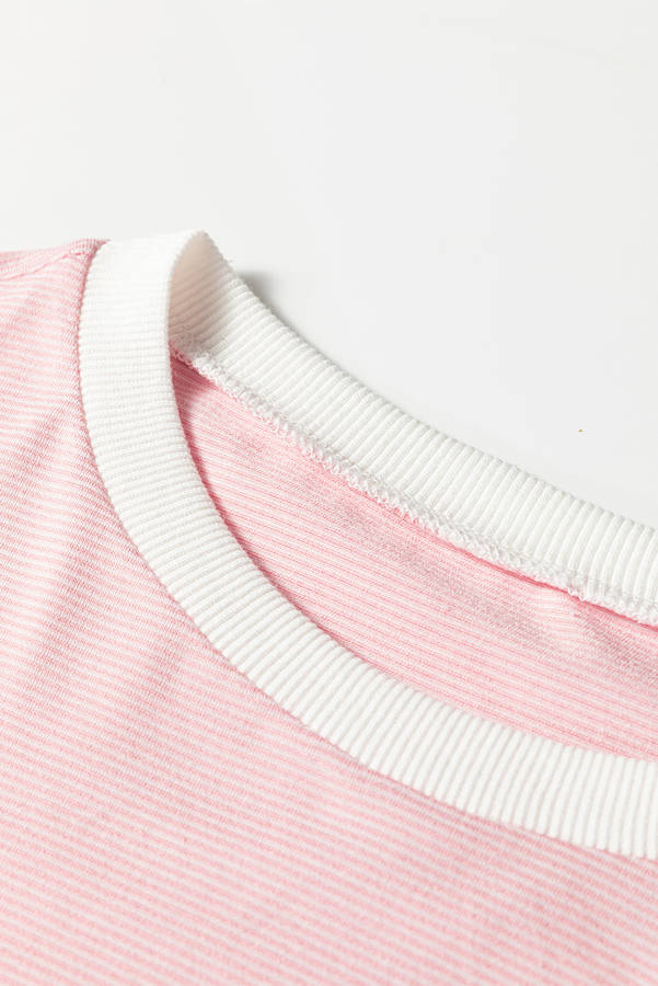 Pink Stripe Contrast Edge Patchwork Long Sleeve Top