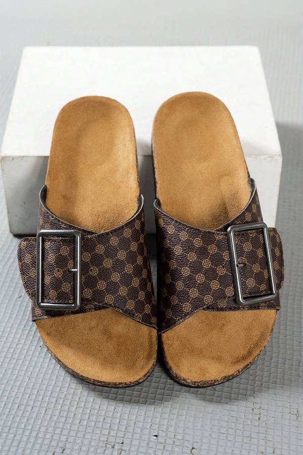 Coffee Retro Geometric Print Buckle Strap Flat Slippers