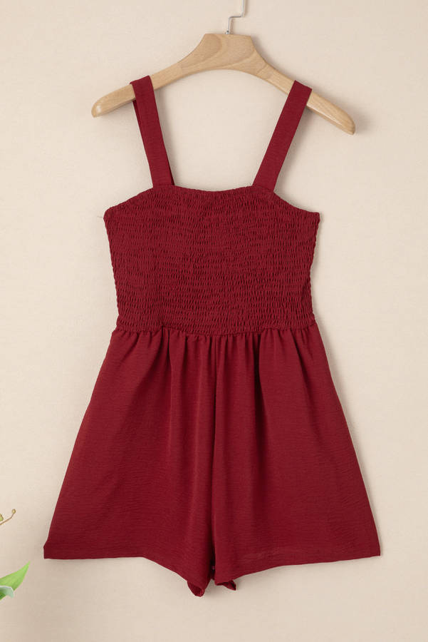 Burgundy Casual Pocketed Smocked Sleeveless Romper