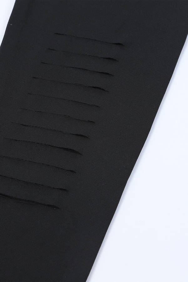 Black Solid Color High Waist Ripped Leggings