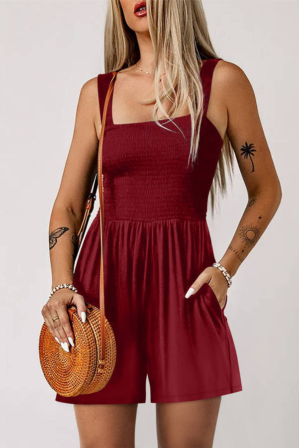 Burgundy Casual Pocketed Smocked Sleeveless Romper