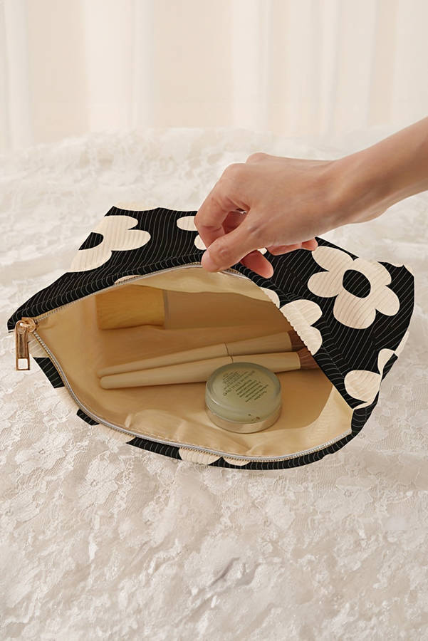 Black Flower Printed Rib Textured Cosmetic Bag