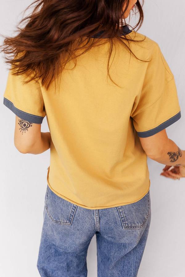 Banana Cream Contrast Trim Raw Hemline Short Sleeve Loose Top