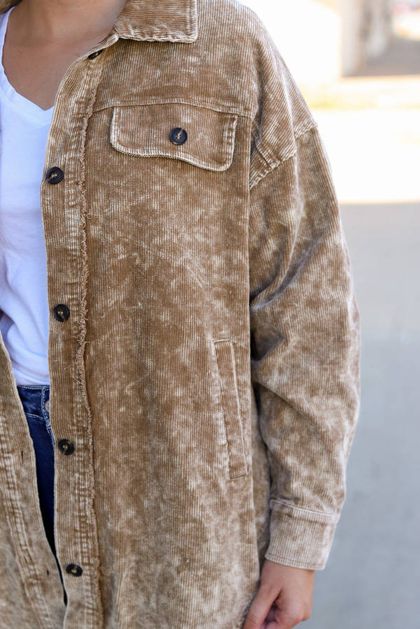 Khaki Vintage Distressed Mineral Wash Oversized Shacket