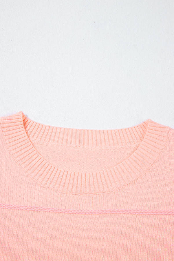 Pink Colorblock Striped Half Sleeve Drop Shoulder Sweater