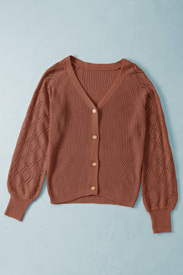 Red Bishop Sleeve Button V Neck Cardigan Sweater