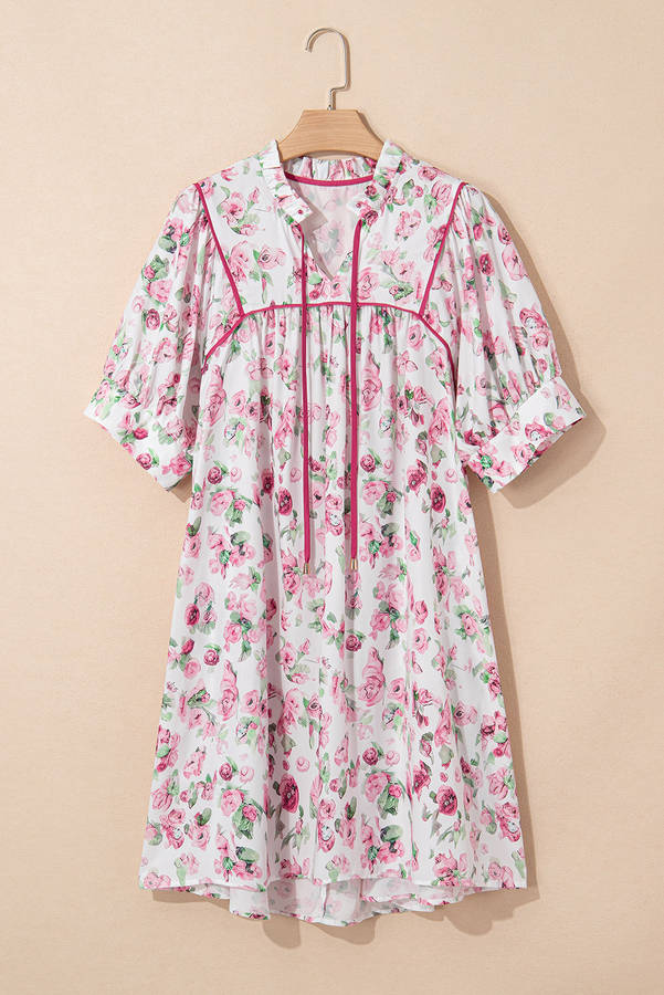 Pink Floral Split Neck Short Sleeve Loose Plus Size Mini Dress