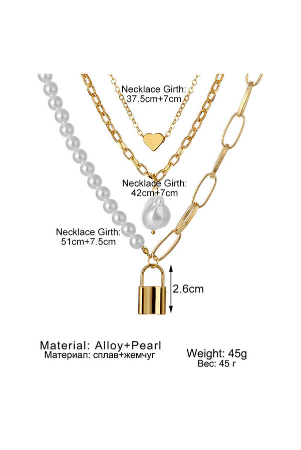 Gold Plated Heart Lock Baroque Pearl Multi Layer Necklace