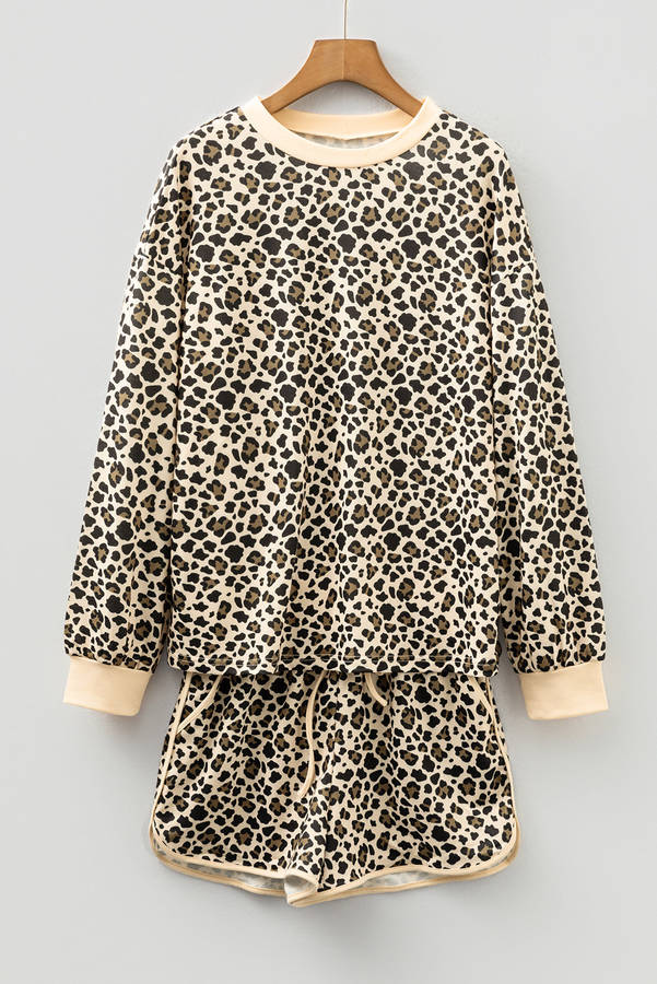 Brown Leopard Print Contrast Trim Long Sleeve Pullover Drawstring Shorts 2pcs Outfit