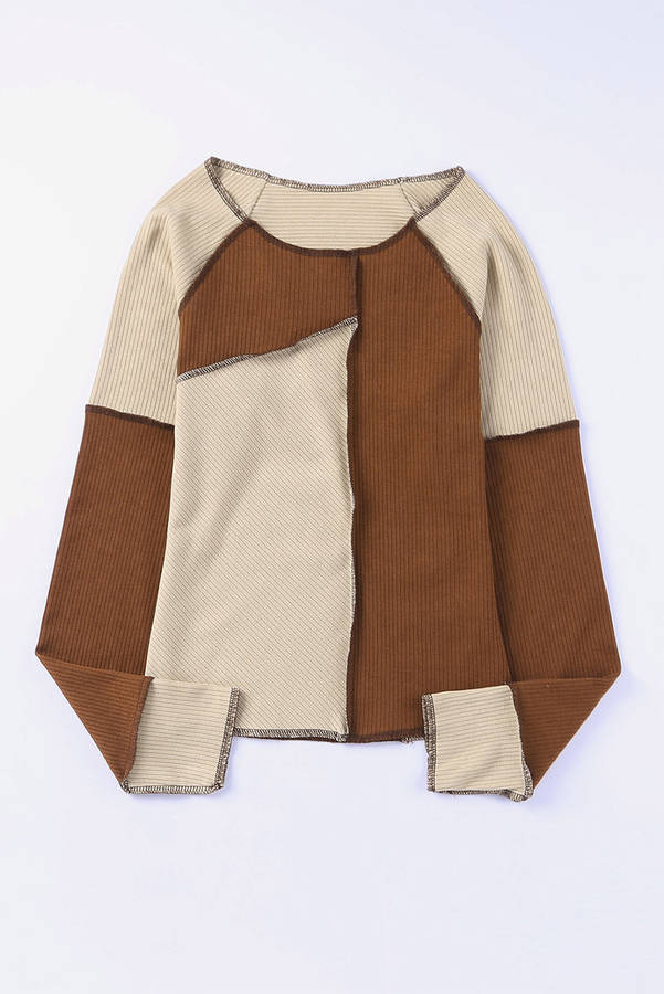 Brown Irregular Color Block Seaming Trim Rib Knit Top