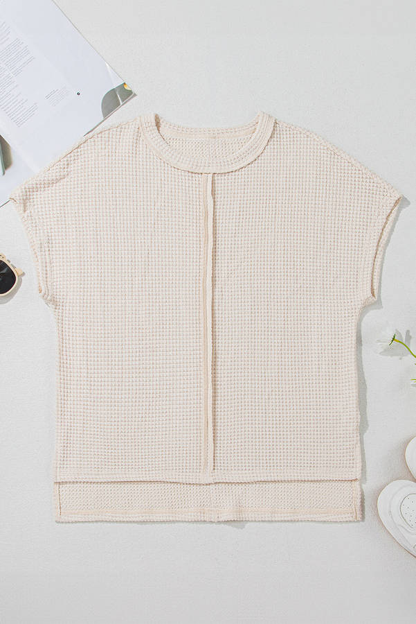 Pale Khaki Solid Color Textured Seamed Short Sleeve Top