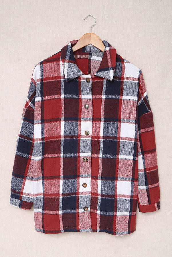 Fiery Red Plaid Print Buttoned Shirt Jacket