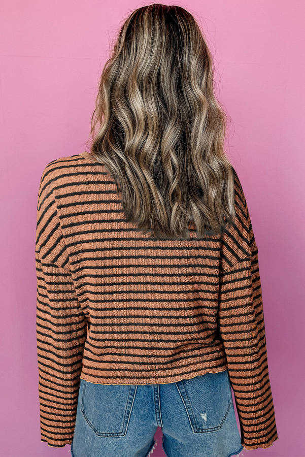 Brown Stripe Textured Frilly Trim Buttons Henley Long Sleeve Top