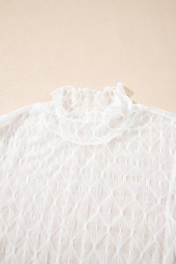 Beige Sheer Mesh Patterned Lettuce Trim Slim Long Sleeve Top