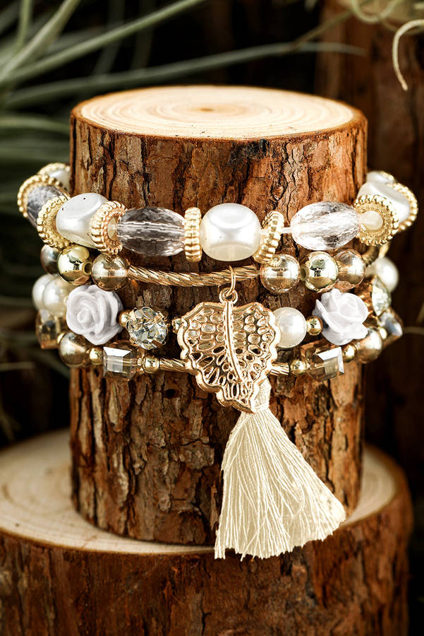 White Bohemian Rhinestone Beaded Fringed Layered Bracelet