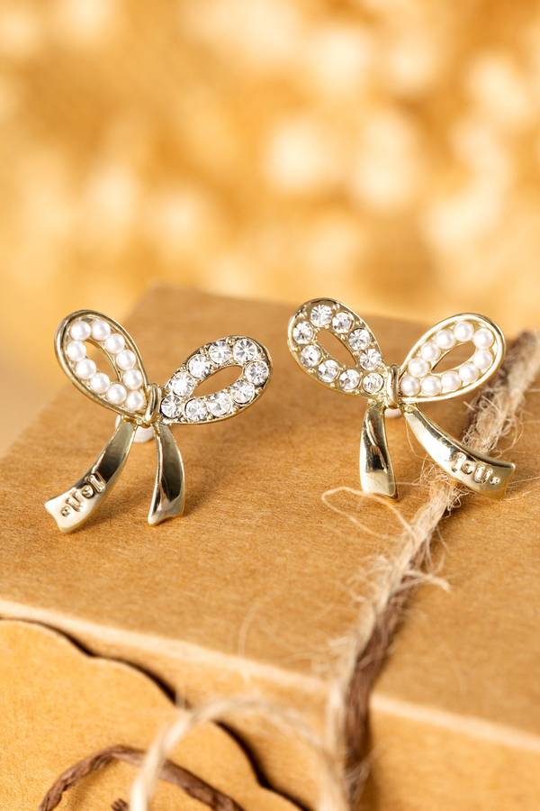 Gold Rhinestone Pearl Bow Earrings