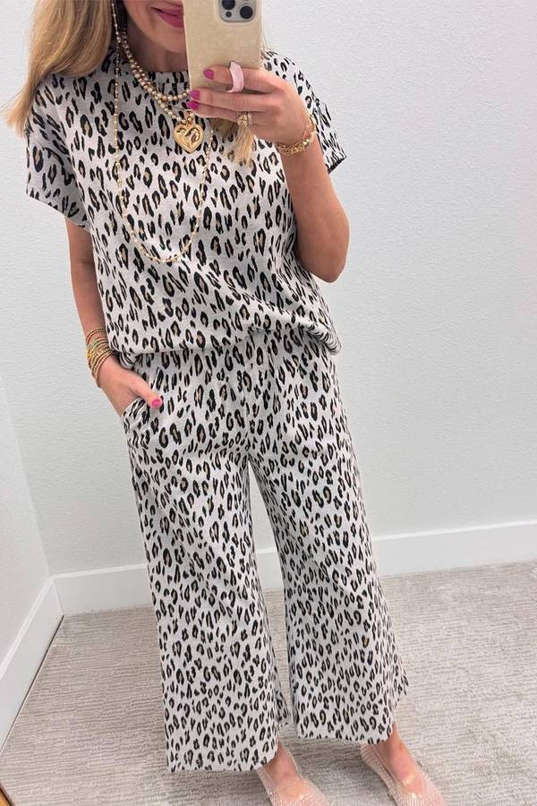Beige Leopard Print Casual Tee and Pants 2pcs Outfit