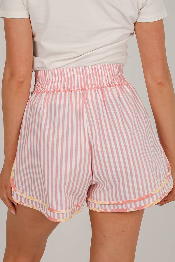 Light Pink Floral Trim Ribbon Knot Striped Casual Shorts