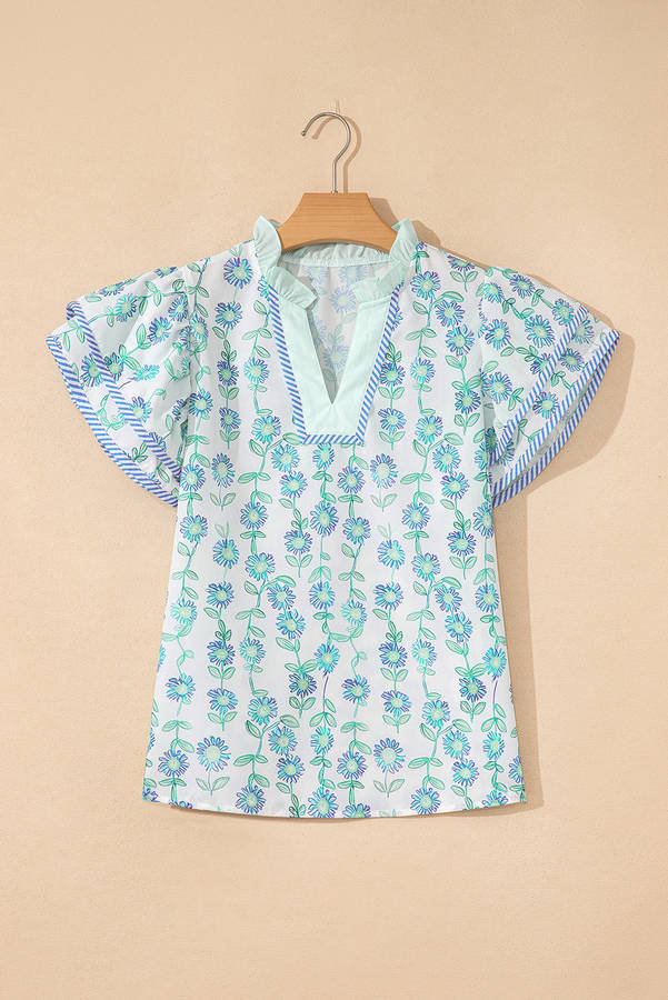 Green Floral Print Striped Detail Contrast V Neck Patchwork Flutter Sleeve Blouse