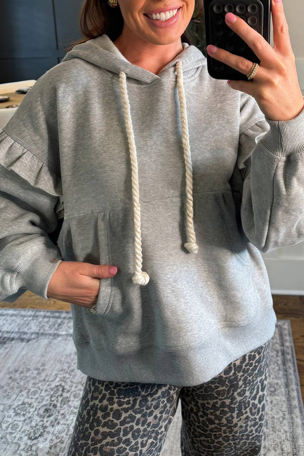 Gray Contrast Rope Drawstring Ruffle Trim Drop Shoulder Baggy Hoodie