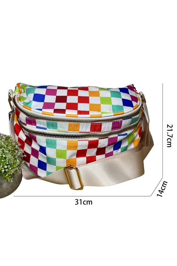 White Pretty Checkerboard Canvas Double Zip Crossbody Bag