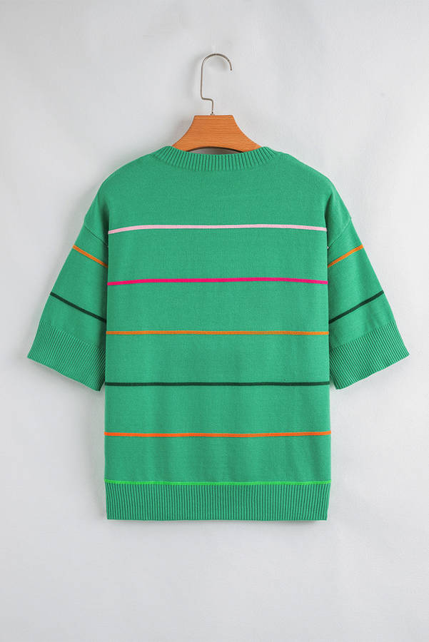 Green Colorblock Striped Half Sleeve Drop Shoulder Sweater