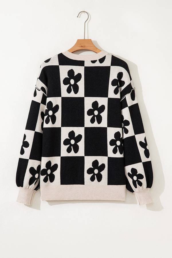 Black Flower Plaid Henley Baggy Sweater