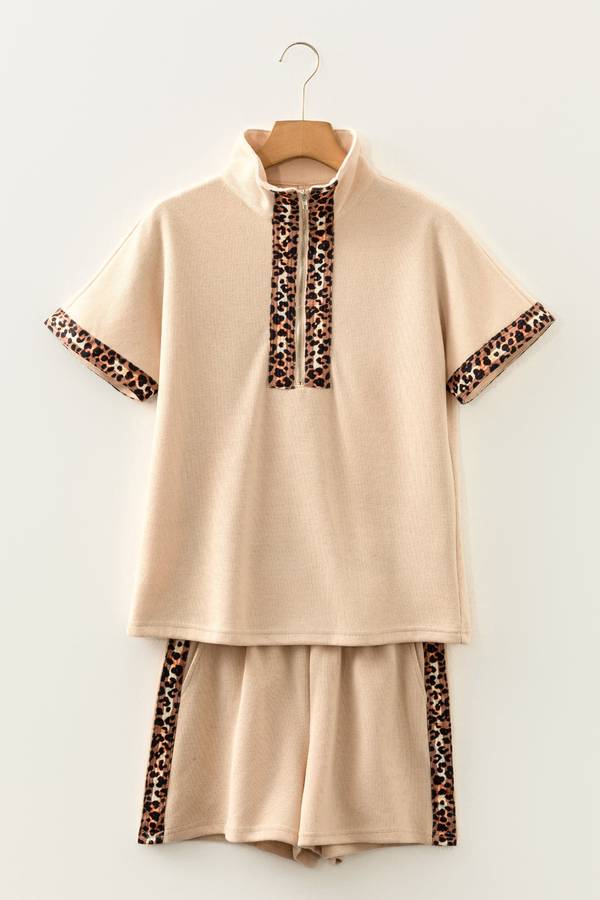 Parchment Leopard Trim Zipped Short Sleeve Casual Set