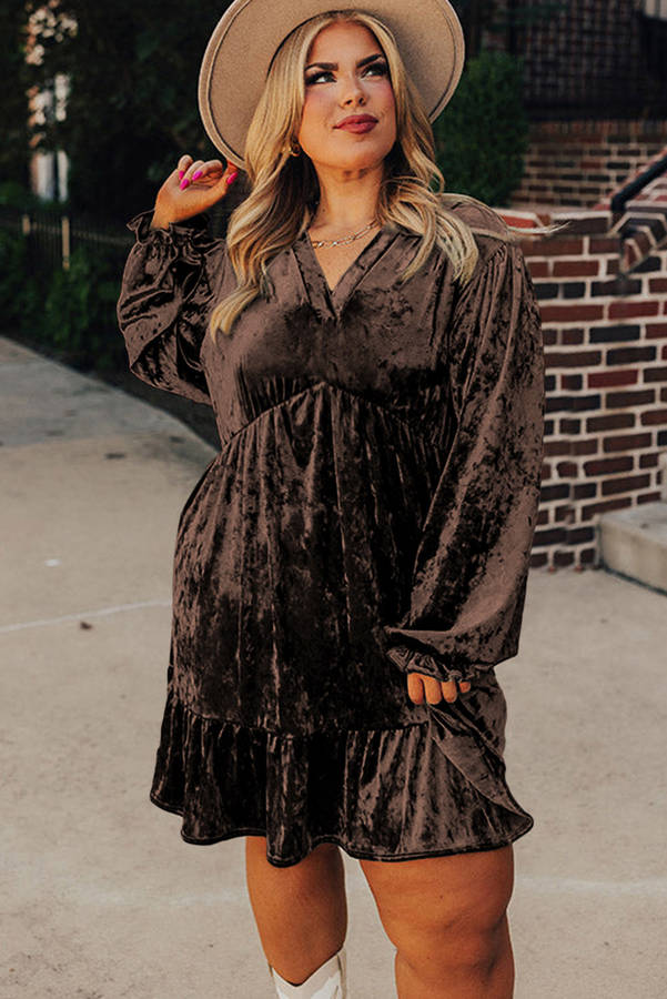 Coffee Plus Size Velvet Babydoll Mini Dress with Puff Sleeve