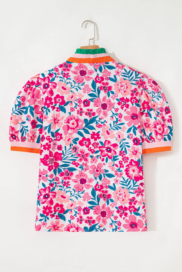 Pink Floral Print Contrast Striped Detail Short Sleeve Blouse