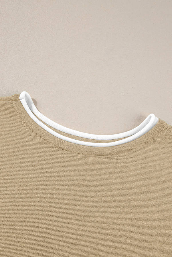 Camel Contrast Trim Half Sleeve Top Drawstring Pants Loose 2pcs Sweater Suit