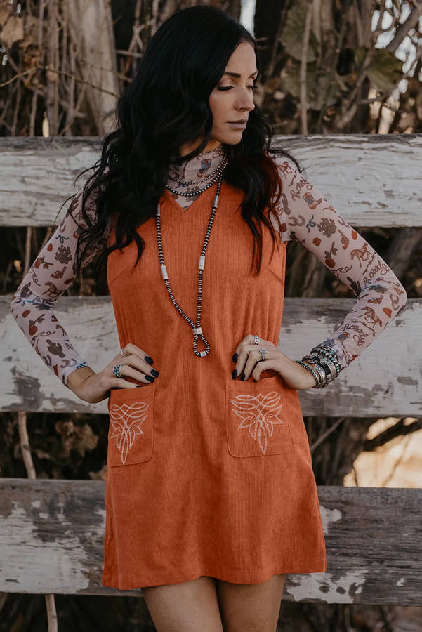 Gold Flame Corduroy Western Embroidered Patched Pocket Shift Sleeveless Mini Dress