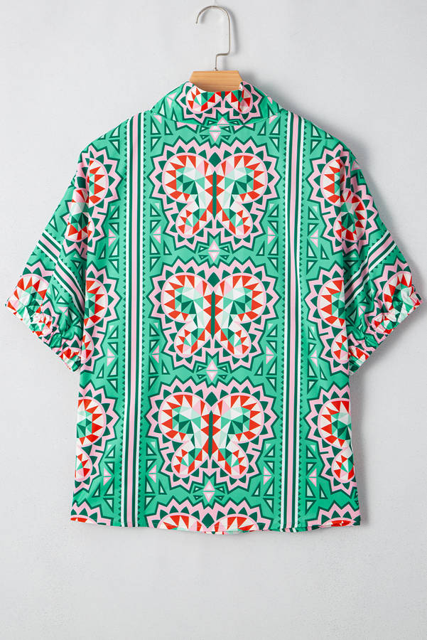 Sea Green Boho Abstract Print Contrast Striped Collared V Neck Blouse