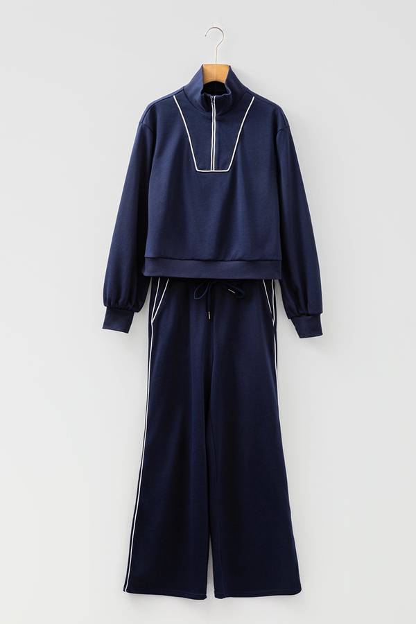 Navy Blue Contrast Piping Zipped Pullover Cropped Pants Set