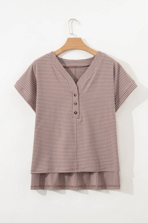 Khaki Stripe Buttoned V Neck High Low Side Slit T Shirt