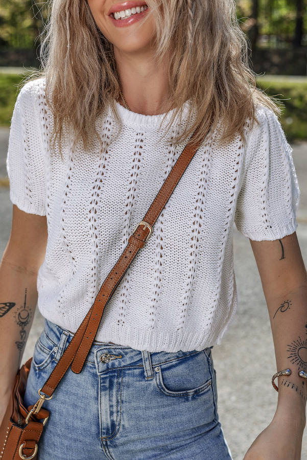 White Pointelle Knit Short Puff Sleeve Crewneck Sweater