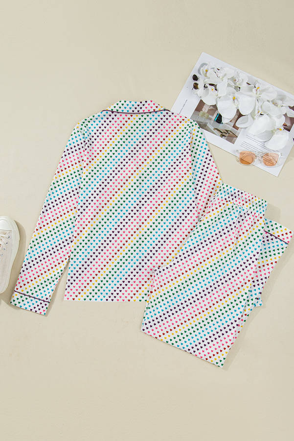 White Pride Heart Print Valentines Long 2pcs Pajama Set