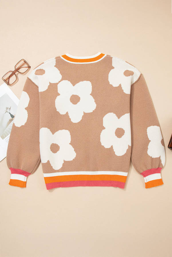 Smoke Gray Big Flower Pattern Contrast Striped Baggy Sweater