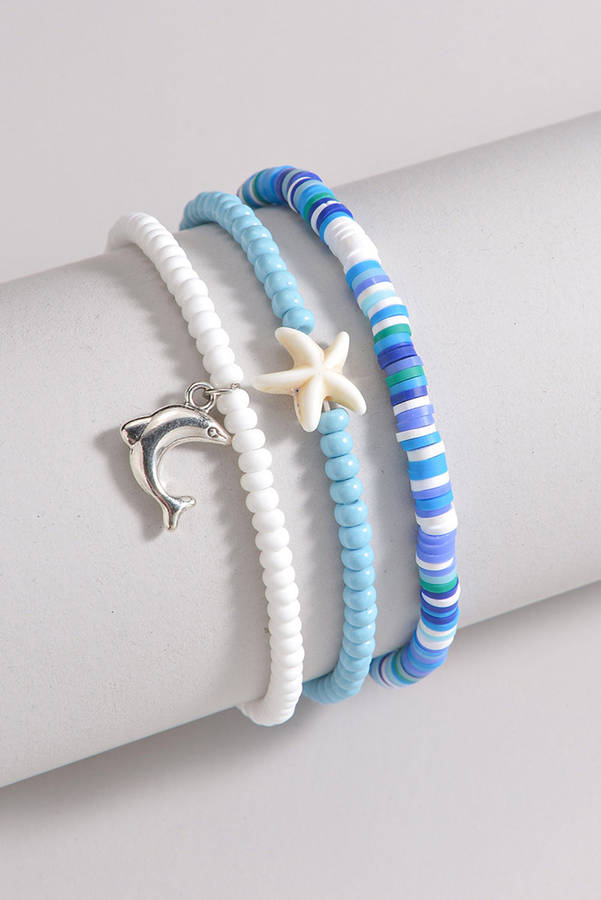 Light Blue Dolphin Starfish Decor Beaded Three Layer Anklet