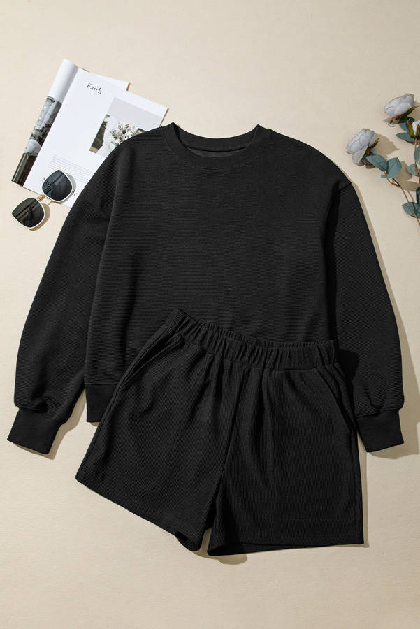 Black Ribbed Texture Baggy Drop Shoulder Pullover and Shorts Set