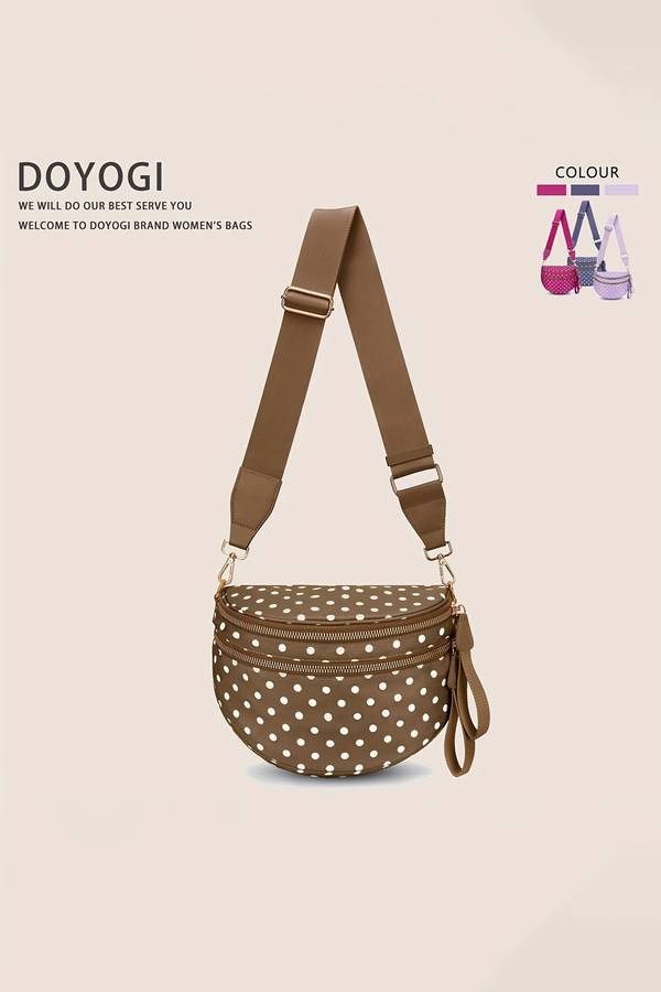 Camel Polka Dot Print Gold Chain Strap Double Zipper Crossbody Bag