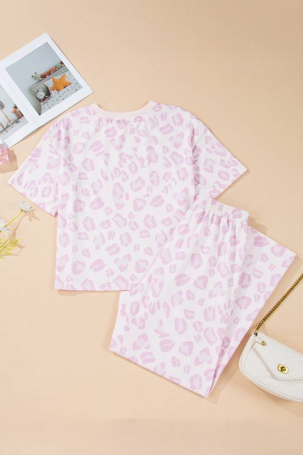 Pink Leopard Two Piece Top and Pants Set