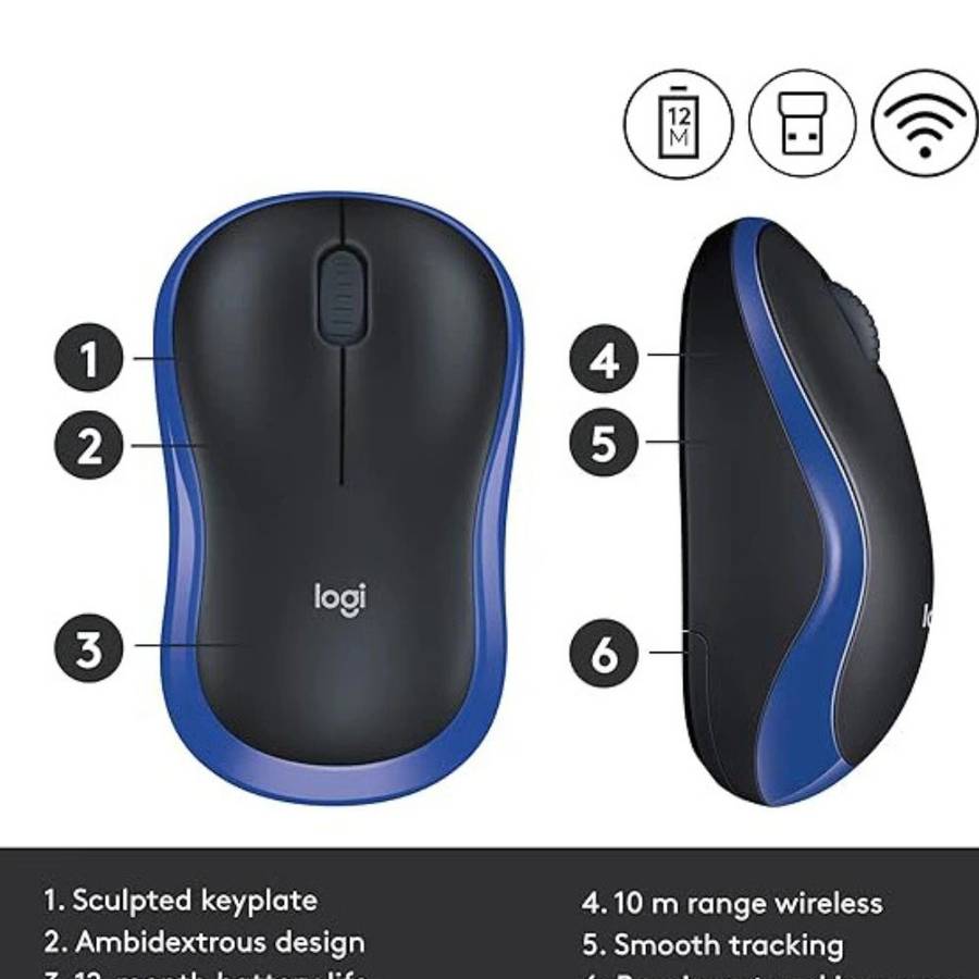 Logitech Wireless Mouse M185 (Black & Blue) Nano USB receiver 3 buttons optical tracking with whe...