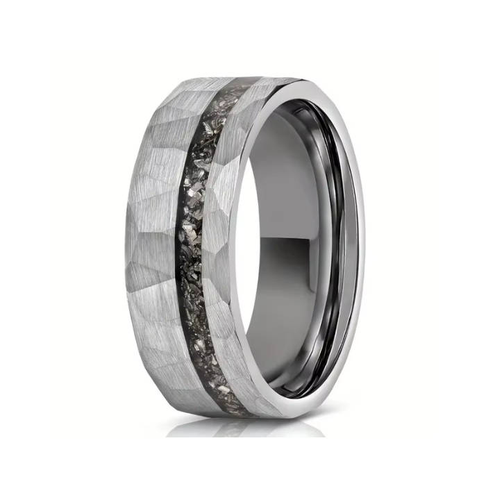 Silver Hammered Tungsten Carbide Ring with Meteorite Inlay