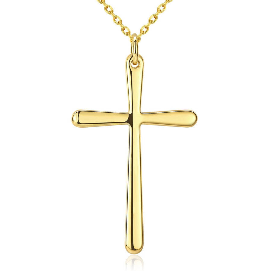 18K RGP in yellow gold, Plain design Cross pendant with FREE chain included