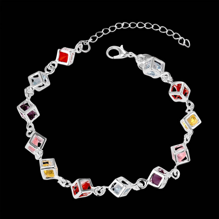 925 Sterling silver filled Square link bracelet with colored Austrian crystal inner