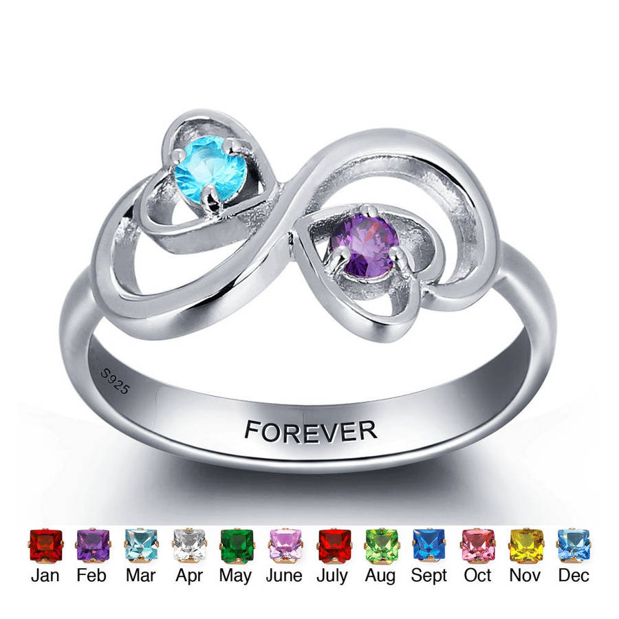 Personalized Solid Silver Ring, Infinity hearts design with Choice of Birthstone colors - US 6